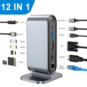 12-in-1 USB Type-C Docking Station – 100W PD | 4K HDMI | VGA | Ethernet | USB 3.0 | SD/TF | Audio | Aluminum Grey